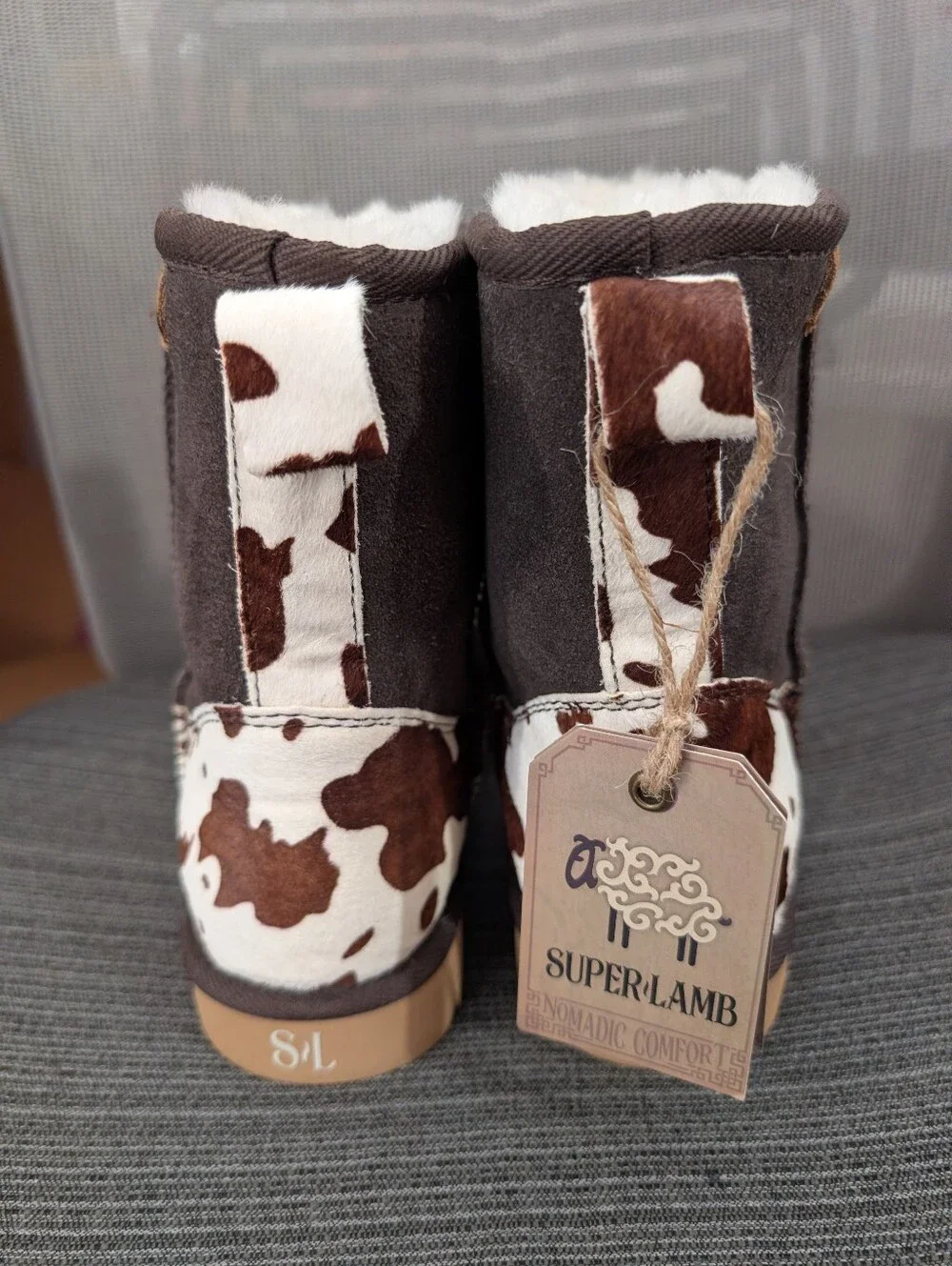 Superlamb Cow Print Sheepskin Boots Brown White Size 7 Wide NWT